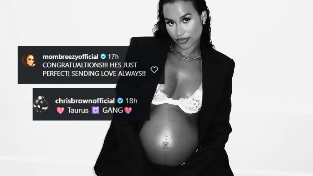 A black and white image featuring Jada Wallace's maternity portrait with social media comment overlays. One comment from "mombreezyofficial" offers congratulations, and another from "chrisbrownofficial" says "💖 Taurus ♉️ GANG 💖".