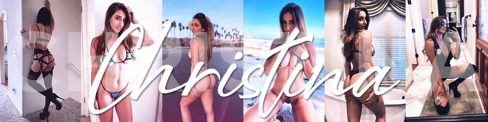 A collage of six different photos of Christina Khalil OnlyFans model showcasing various outfits. The images range from beachwear and lingerie to a playful police officer costume, with her name "Christina" written in large white cursive script across the center.