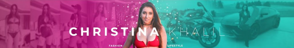 A wide YouTube banner featuring Christina Khalil OnlyFans personality in a red top at the center. The background is a stylized, multi-colored collage showing her in various fashion and lifestyle settings, including shots with a motorcycle and a luxury car.