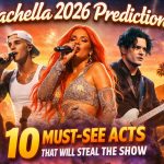 A vibrant promotional graphic titled "Coachella 2026 Predictions" featuring Justin Bieber, Karol G, and Jack White performing in front of a festival background with a Ferris wheel, palm trees, and fireworks.
