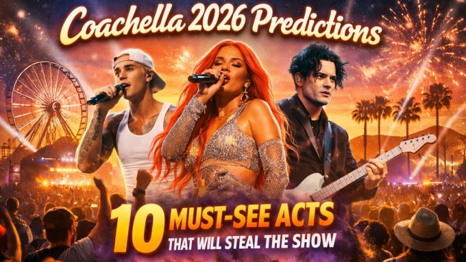A vibrant promotional graphic titled "Coachella 2026 Predictions" featuring Justin Bieber, Karol G, and Jack White performing in front of a festival background with a Ferris wheel, palm trees, and fireworks.