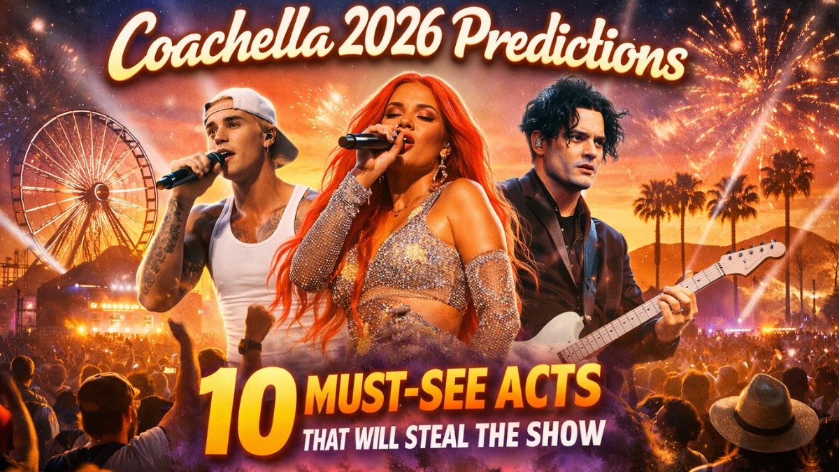 A vibrant promotional graphic titled "Coachella 2026 Predictions" featuring Justin Bieber, Karol G, and Jack White performing in front of a festival background with a Ferris wheel, palm trees, and fireworks.