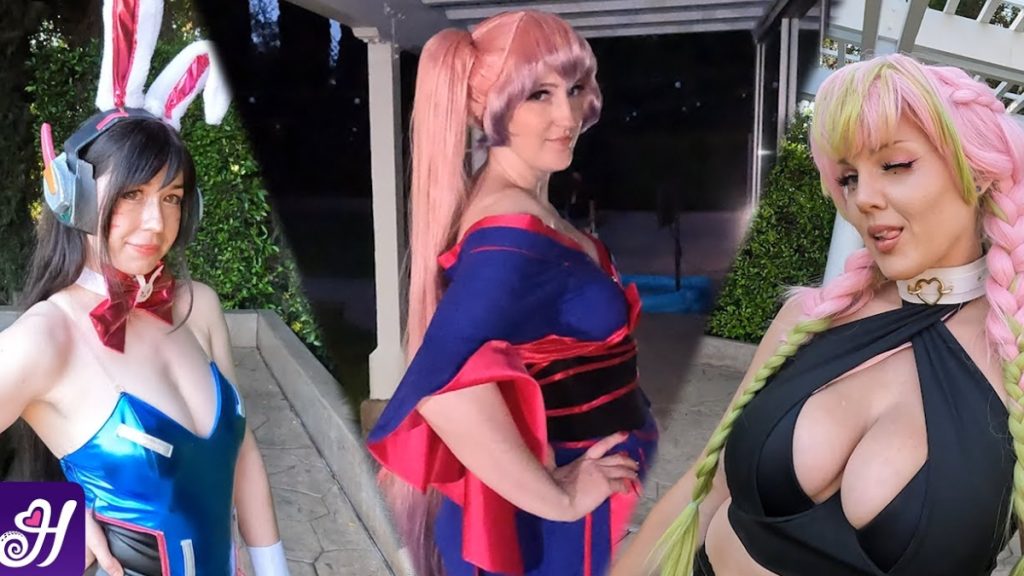 A collage featuring three women in various anime-inspired costumes. On the left, a cosplayer wears a blue metallic bodysuit with bunny ears and headphones. The center figure is dressed in a traditional blue and red kimono with a high pink ponytail. On the right, a cosplayer portrays Mitsuri Kanroji from Demon Slayer, featuring pink and green braided hair and a low-cut black top. Such diverse character representations are common at a Hentai Matsuri 2026 celebration.