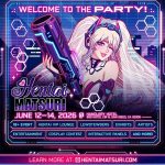 The official promotional poster for Hentai Matsuri 2026, scheduled for June 12–14 at the Handlery Hotel in San Diego. The digital art features a futuristic, cyber-themed design with neon blue and purple circuit board patterns. In the center is an anime character with long white pigtails and a futuristic headset, holding a large stylized cannon. Text at the bottom details event features such as a VIP lounge, cosplay contest, and interactive panels.