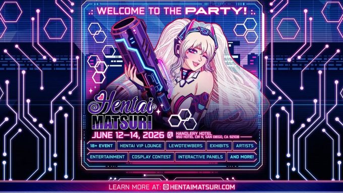 The official promotional poster for Hentai Matsuri 2026, scheduled for June 12–14 at the Handlery Hotel in San Diego. The digital art features a futuristic, cyber-themed design with neon blue and purple circuit board patterns. In the center is an anime character with long white pigtails and a futuristic headset, holding a large stylized cannon. Text at the bottom details event features such as a VIP lounge, cosplay contest, and interactive panels.