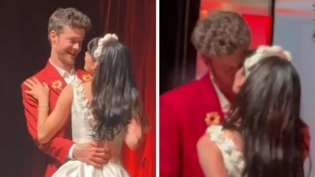 A side-by-side collage featuring moments from the ceremony of Jack Quaid and Claudia Doumit. The left panel shows the couple embracing and smiling, while the right panel captures a blurred, romantic moment of the two sharing a kiss during their wedding celebration.