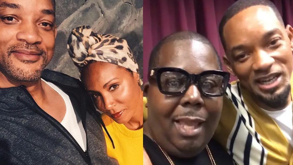 A split-screen composition. The left side shows a selfie of Will Smith and Jada Pinkett Smith; Jada is wearing a leopard-print headwrap and a yellow sweater. The right side shows Will Smith with his arm around Bilaal Salaam, who is wearing thick-rimmed black glasses and a gold chain.