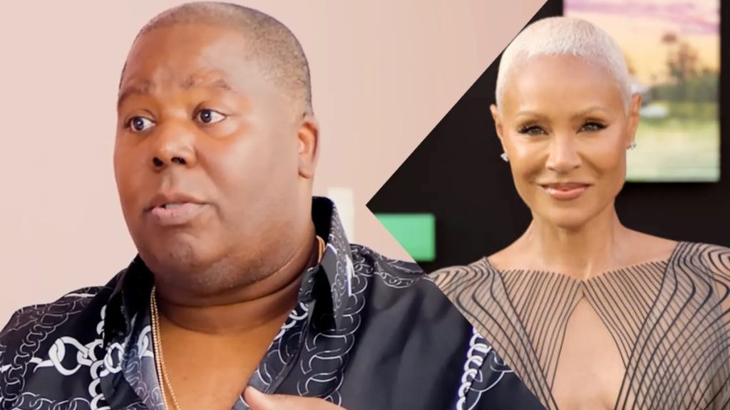 A side-by-side comparison image. On the left, Bilaal Salaam is shown speaking in an interview setting, wearing a black patterned shirt and a gold chain. On the right, a portrait of Jada Pinkett Smith with blonde cropped hair, wearing an intricate, line-patterned dress.