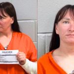 A side-by-side comparison of two mugshots of Jessica McClure aka Baby Jessica. In both photos, she has long dark hair with bangs and is wearing an orange inmate jumpsuit. In the left photo, she looks off to the side while holding a white police identification placard. In the right photo, she faces the camera directly with a neutral expression against a grey cinderblock wall.