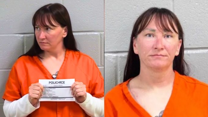 A side-by-side comparison of two mugshots of Jessica McClure aka Baby Jessica. In both photos, she has long dark hair with bangs and is wearing an orange inmate jumpsuit. In the left photo, she looks off to the side while holding a white police identification placard. In the right photo, she faces the camera directly with a neutral expression against a grey cinderblock wall.