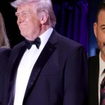 A split-screen image contrasting a political couple with a late-night host. On the left, Donald Trump and Melania Trump are seen at a formal event; Donald is wearing a tuxedo with a black bowtie, while Melania stands beside him in a black ensemble. On the right, a close-up shows a bearded Jimmy Kimmel wearing a dark suit and a striped red and blue tie, looking directly at the camera in a manner often associated with a monologue or a joke.