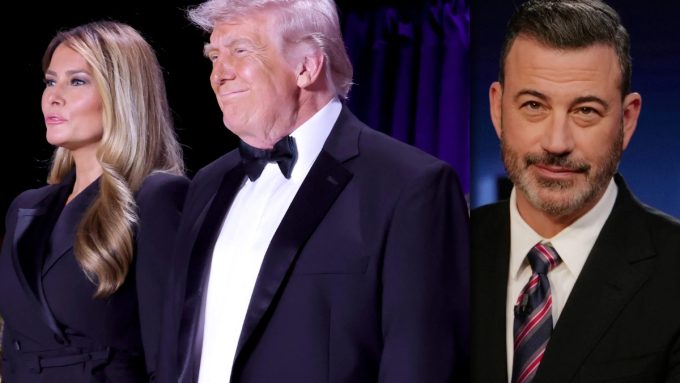 A split-screen image contrasting a political couple with a late-night host. On the left, Donald Trump and Melania Trump are seen at a formal event; Donald is wearing a tuxedo with a black bowtie, while Melania stands beside him in a black ensemble. On the right, a close-up shows a bearded Jimmy Kimmel wearing a dark suit and a striped red and blue tie, looking directly at the camera in a manner often associated with a monologue or a joke.