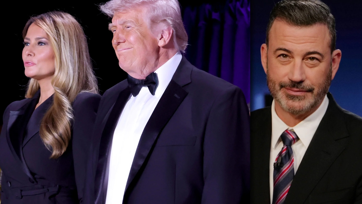 A split-screen image contrasting a political couple with a late-night host. On the left, Donald Trump and Melania Trump are seen at a formal event; Donald is wearing a tuxedo with a black bowtie, while Melania stands beside him in a black ensemble. On the right, a close-up shows a bearded Jimmy Kimmel wearing a dark suit and a striped red and blue tie, looking directly at the camera in a manner often associated with a monologue or a joke.