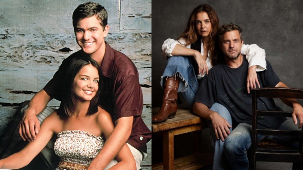 A split-screen image showing Joshua Jackson and Katie Holmes at two different stages of their lives. On the left, a vintage promotional photo from the late 90s shows them as teenagers; Joshua is smiling behind Katie, who is wearing a floral tube top. On the right, a contemporary professional portrait shows them as adults; Joshua wears a dark t-shirt and jeans while Katie sits behind him in a white blouse and denim, leaning her chin on his shoulder.