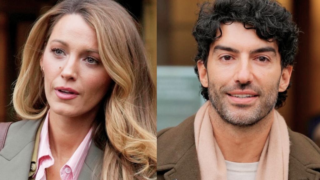 A side-by-side split image featuring actors Blake Lively and Justin Baldoni. On the left, Blake Lively is seen in a candid medium shot wearing a pink collared shirt and olive blazer with her blonde hair down. On the right, Justin Baldoni is pictured smiling slightly, wearing a brown coat and a tan scarf.