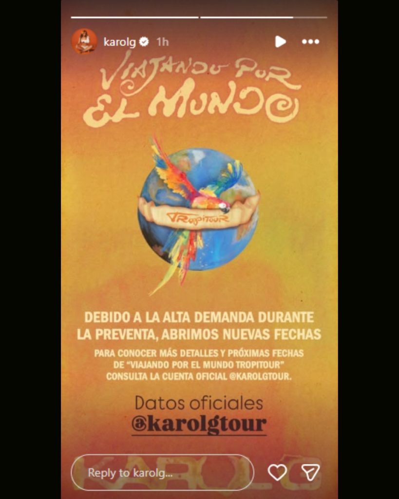 An Instagram story from Karol G’s official account regarding her Karol G concert tour. The post features the 