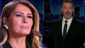 A side-by-side composite image featuring a close-up of Jimmy Kimmel and Melania Trump. On the left, Melania Trump is shown in a headshot with a neutral expression, wearing a large sparkling earring. On the right, Jimmy Kimmel is pictured in a black suit and tie against a late-night talk show backdrop featuring a stylized city skyline at night.
