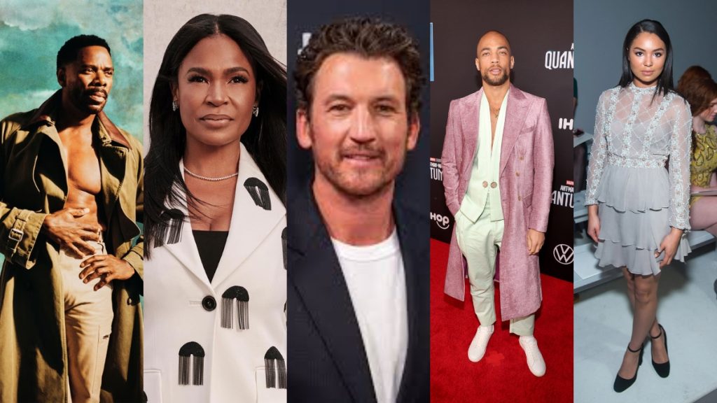 A five-panel collage featuring the lead cast members of the Michael Movie. From left to right: Colman Domingo (playing Joe Jackson) in a tan trench coat; Nia Long (playing Katherine Jackson) in a white blazer with black fringe details; Miles Teller (playing John Branca) in a dark suit and white t-shirt; KeiLyn Durrel Jones (playing Bill Bray) in a long pink coat and mint green suit; and Jessica Sula (playing La Toya Jackson) in a grey ruffled dress.