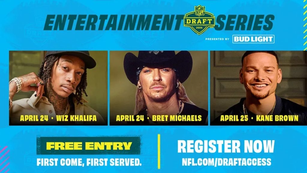 A promotional graphic for the 2026 NFL Draft Entertainment Series presented by Bud Light. The blue banner features three headshots of the performing artists: Wiz Khalifa and Bret Michaels NFL Draft performers for April 24, followed by Kane Brown for April 25. The bottom of the image includes "FREE ENTRY" and "REGISTER NOW" call-to-action text with the official NFL draft website.