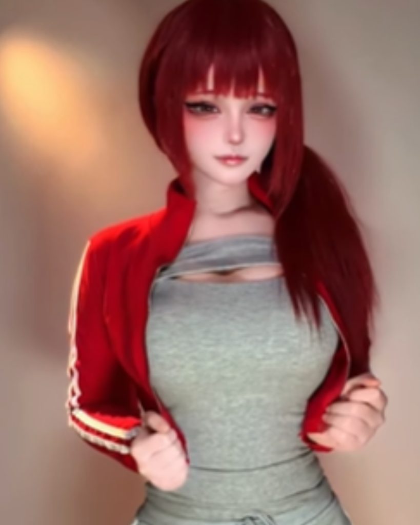 Senyamiku in a casual cosplay look, featuring long dark red hair with bangs. She is wearing a grey tank top underneath a cropped red athletic jacket with white stripes on the sleeves, posing against a neutral background.
