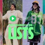 A split-screen graphic showcasing several Top 10 Most-Streamed Artists On Spotify, including Taylor Swift, Bad Bunny, Billie Eilish, and Justin Bieber. From left to right: Taylor Swift performs in a shimmering blue and pink bodysuit; Bad Bunny is seen in an all-white ensemble; Billie Eilish wears an oversized green jersey and a baseball cap; and a shirtless, tattooed Justin Bieber stands in a backward cap. Overlaid in the center is a green play button icon with the text "MOST STREAMED OF ALL TIME LISTS" in bold, neon green lettering.