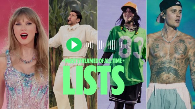 A split-screen graphic showcasing several Top 10 Most-Streamed Artists On Spotify, including Taylor Swift, Bad Bunny, Billie Eilish, and Justin Bieber. From left to right: Taylor Swift performs in a shimmering blue and pink bodysuit; Bad Bunny is seen in an all-white ensemble; Billie Eilish wears an oversized green jersey and a baseball cap; and a shirtless, tattooed Justin Bieber stands in a backward cap. Overlaid in the center is a green play button icon with the text "MOST STREAMED OF ALL TIME LISTS" in bold, neon green lettering.