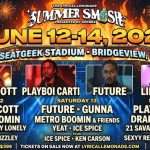 A promotional poster for "The Lyrical Lemonade Summer Smash Presented by SPKRBX," taking place June 12–14, 2026, at SeatGeek Stadium in Bridgeview, Illinois. The top half features portraits of the primary headliners: Travis Scott, Playboi Carti, Future, and Lil Uzi Vert against a backdrop of orange flames and green fireworks.