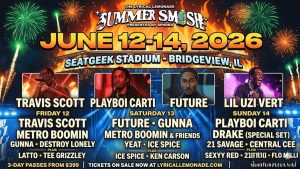 A promotional poster for "The Lyrical Lemonade Summer Smash Presented by SPKRBX," taking place June 12–14, 2026, at SeatGeek Stadium in Bridgeview, Illinois. The top half features portraits of the primary headliners: Travis Scott, Playboi Carti, Future, and Lil Uzi Vert against a backdrop of orange flames and green fireworks.