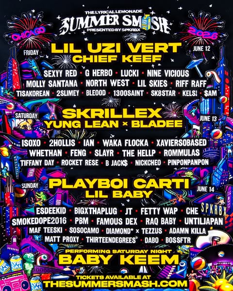 A vibrant, illustrated festival poster for Summer Smash 2026 in Chicago, featuring a neon-colored cityscape with fireworks and alien-like figures. The schedule is broken down by day