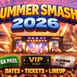 A wide, dramatic shot of a music festival main stage at night. Bright orange and yellow fireworks arc across the dark sky from both sides of the frame, framing the "Lyrical Lemonade Summer Smash Presented by SPKRBX" logo centered in the middle. The stage below is illuminated with intense orange flames from pyrotechnic machines and blue spotlights. The scale of the stage and the explosive lighting create a high-energy concert atmosphere.