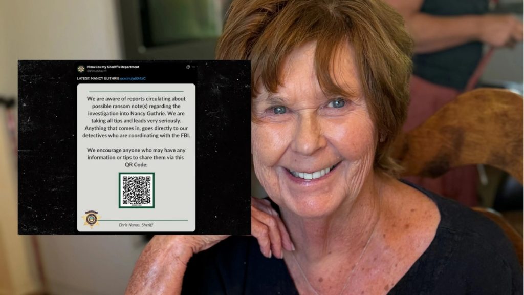 A portrait of a smiling Nancy Guthrie is partially obscured by a formal statement from the Pima County Sheriff's Department. The statement acknowledges reports of a possible ransom note, similar to those mentioned by TMZ, and includes a QR code for the public to submit tips directly to detectives.