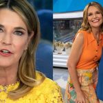 A split-screen image detailing a broadcast moment when Savannah Guthrie leaves Today show early. On the left, a close-up shows Savannah wearing a yellow lace dress and a gold chain necklace, appearing focused while speaking. On the right, she stands beside an older woman with short brown hair and glasses; Savannah is wearing a bright orange sleeveless top and a floral-patterned skirt, while the other woman is in a blue shirt.