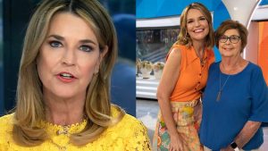 A split-screen image detailing a broadcast moment when Savannah Guthrie leaves Today show early. On the left, a close-up shows Savannah wearing a yellow lace dress and a gold chain necklace, appearing focused while speaking. On the right, she stands beside an older woman with short brown hair and glasses; Savannah is wearing a bright orange sleeveless top and a floral-patterned skirt, while the other woman is in a blue shirt.
