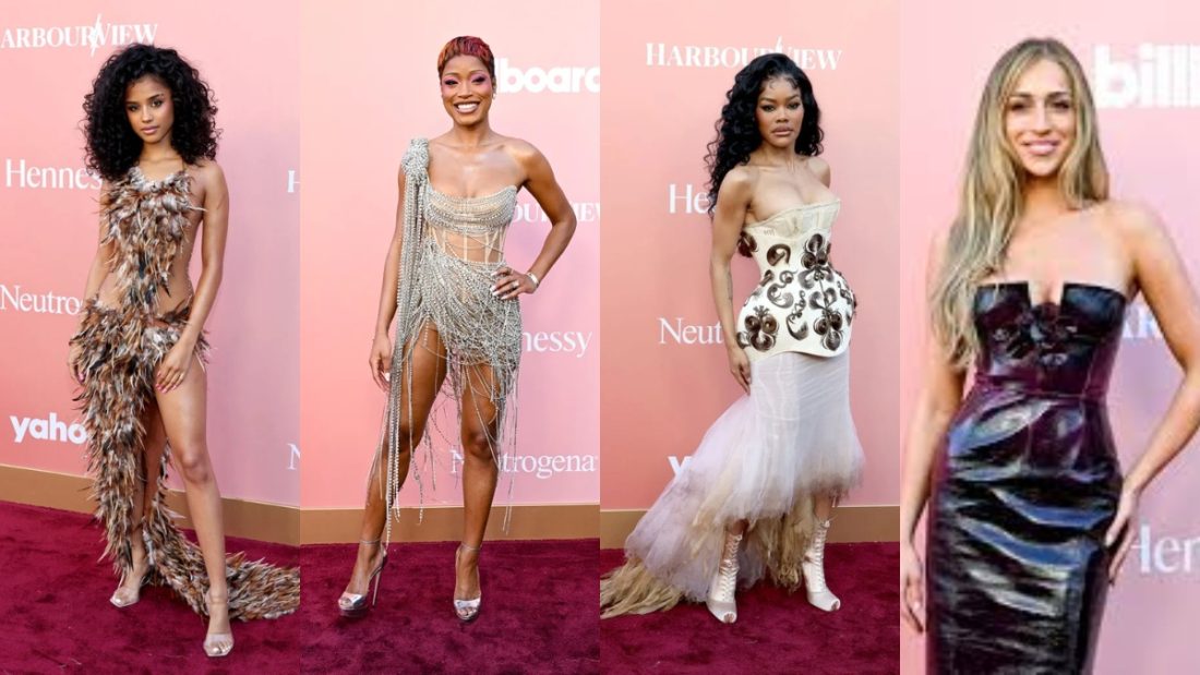 A collage of four artists at the Billboard Women in Music 2026 red carpet: Tyla in a brown feathered mini-dress with a long side-train. Host Keke Palmer in a silver beaded fringe one-shoulder mini-dress. Teyana Taylor in a cream-colored sculptural corset dress with an ethereal tulle skirt. Tate McRae in a strapless black patent leather midi-dress.
