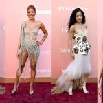 A collage of four artists at the Billboard Women in Music 2026 red carpet: Tyla in a brown feathered mini-dress with a long side-train. Host Keke Palmer in a silver beaded fringe one-shoulder mini-dress. Teyana Taylor in a cream-colored sculptural corset dress with an ethereal tulle skirt. Tate McRae in a strapless black patent leather midi-dress.