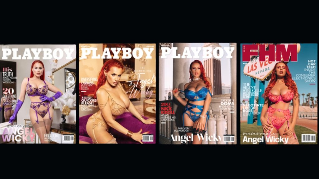 A collage of four magazine covers featuring content creator Angel Wicky, including three Playboy covers where she is styled in various lingerie sets and one FHM cover set in Las Vegas.