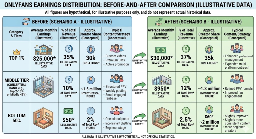 A detailed before-and-after illustrative data comparison table breaking down OnlyFans Top Earners in the top 1% versus middle-tier and bottom 50% creators, detailing average monthly earnings, revenue share, and content strategy.