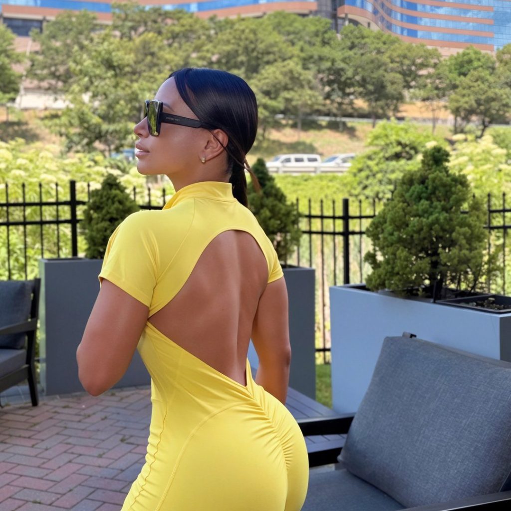 Brandy Salazar posing in profile on an outdoor patio, looking away from the camera. She is wearing oversized dark sunglasses and a bright yellow jumpsuit featuring a large open-back cutout.