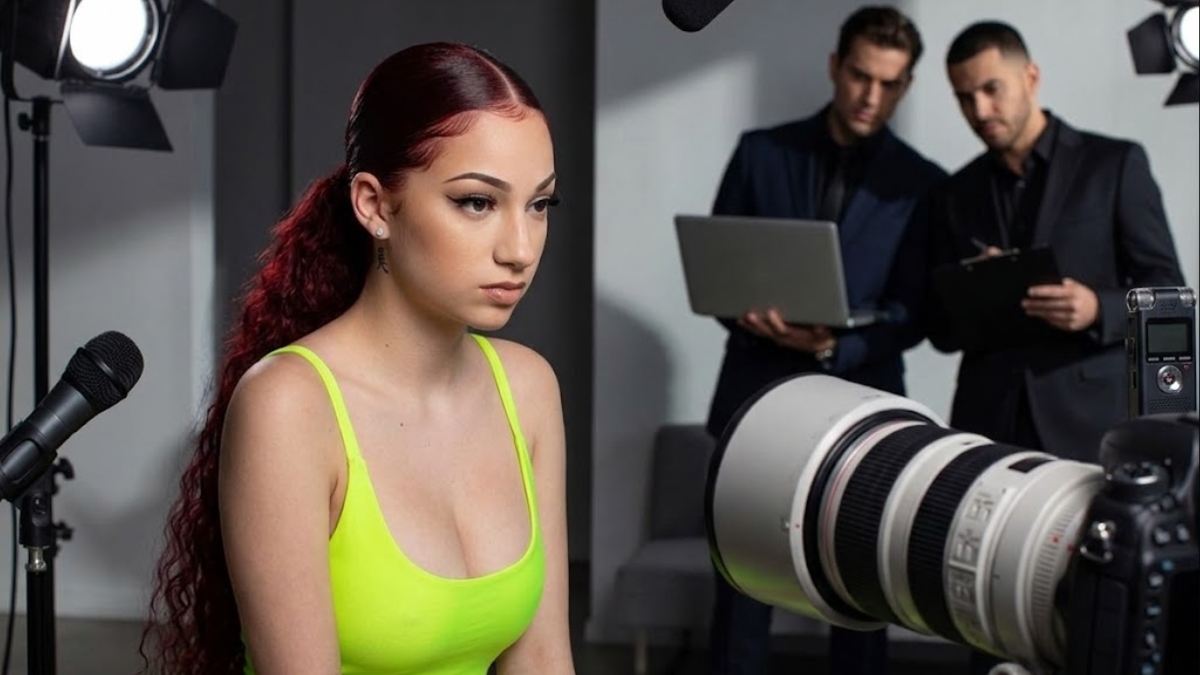 A young woman with dark red hair tied in a long ponytail sits under professional studio lighting during a media production shoot. She is wearing a bright neon green tank top and has a serious expression as she faces toward a large camera lens in the foreground. In the blurry background, two men in sharp business suits monitor the session—one looking at a laptop and the other holding a clipboard—illustrating the corporate management layer behind a highest earning OnlyFans creator.