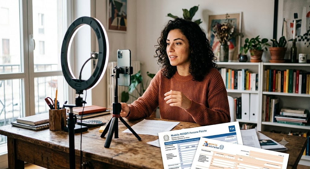 An Italian OnlyFans creator sits at her desk with a ring light and smartphone tripod setup, reviewing official 