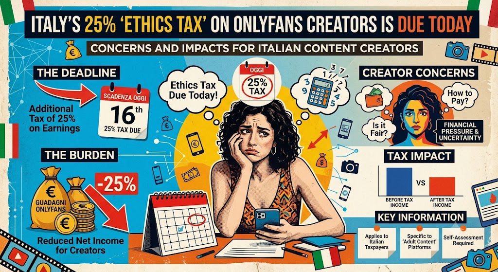 A digital illustration of an Italian content creator standing behind an F24 tax form overlay, detailing a 25% ethics tax surcharge on €10,000 of creator revenue amidst flying Euro banknotes.