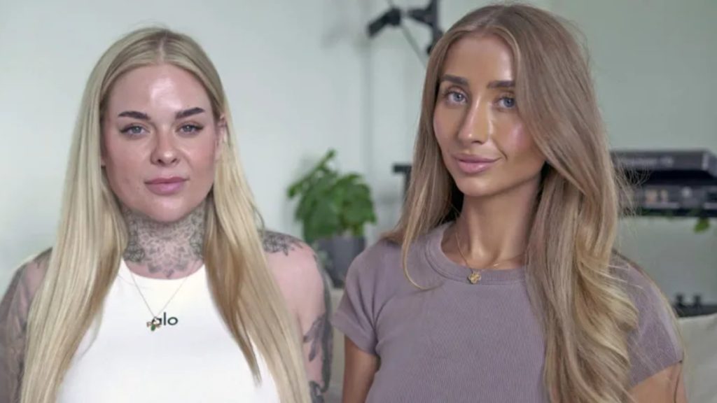 Creator Lily Phillips alongside another woman discussing the risks and industry standards of working with unregulated OnlyFans Managers in a video interview setup.