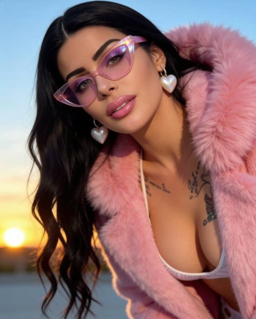 Maria Saatsaki wearing pink cat-eye glasses, heart-shaped earrings, and a fluffy pink faux-fur coat during a vibrant sunset photoshoot.