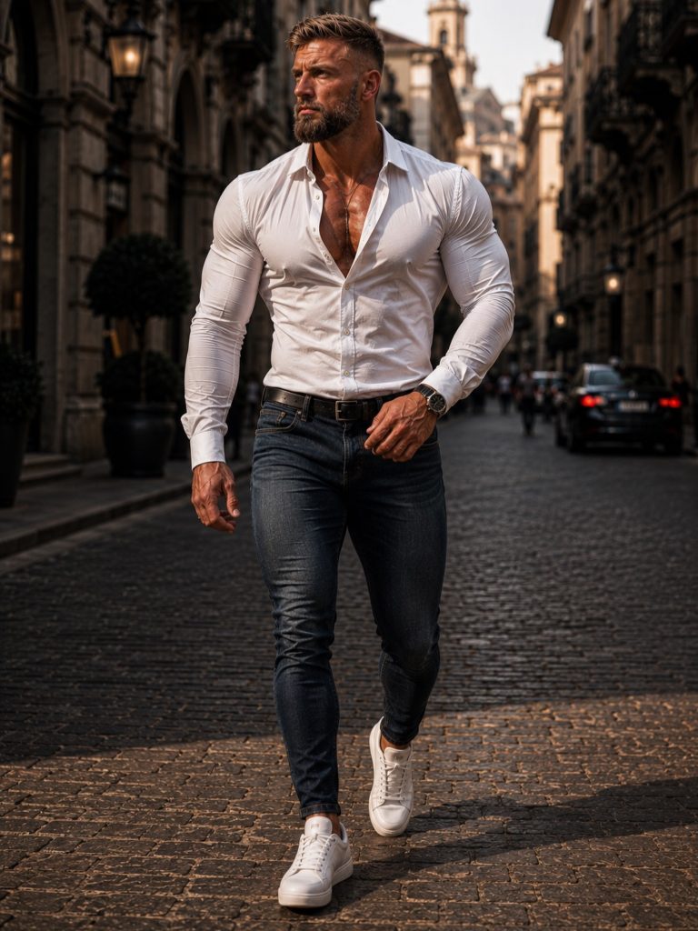 Muscular Irish OnlyFans influencer Matty Gilbert walking down a European cobblestone street wearing a tight white button-up shirt and blue jeans.