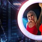 A digital graphic for an OnlyFans Agency showing a blonde woman in a red bodysuit reflected in a glowing ring light, set against a dark background with blue data charts and digital overlays.