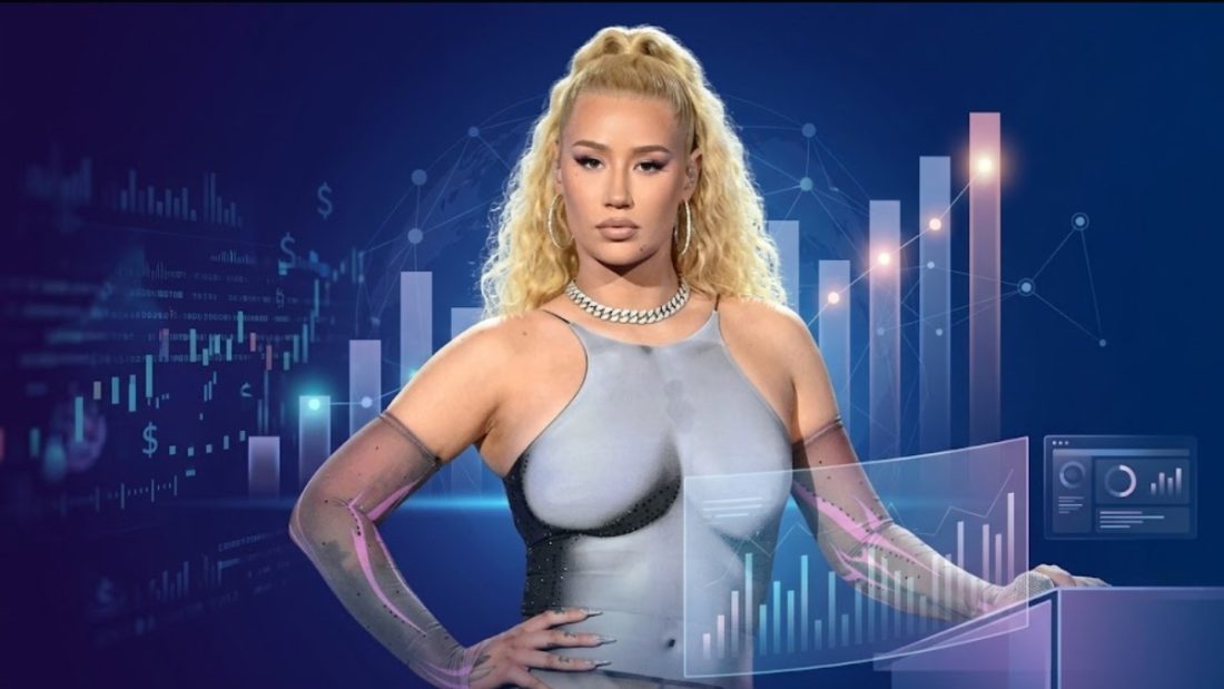 An official graphic banner promoting OnlyFans Statistics, featuring a central portrait of Australian rapper Iggy Azalea looking directly at the camera. She is styled with a high blonde ponytail, silver chain necklace, and a grey bodycon dress. The background displays a high-tech dark blue interface overlaid with glowing light blue bar graphs, upward-trending financial charts, and digital metric dashboards.