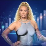 An official graphic banner promoting OnlyFans Statistics, featuring a central portrait of Australian rapper Iggy Azalea looking directly at the camera. She is styled with a high blonde ponytail, silver chain necklace, and a grey bodycon dress. The background displays a high-tech dark blue interface overlaid with glowing light blue bar graphs, upward-trending financial charts, and digital metric dashboards.