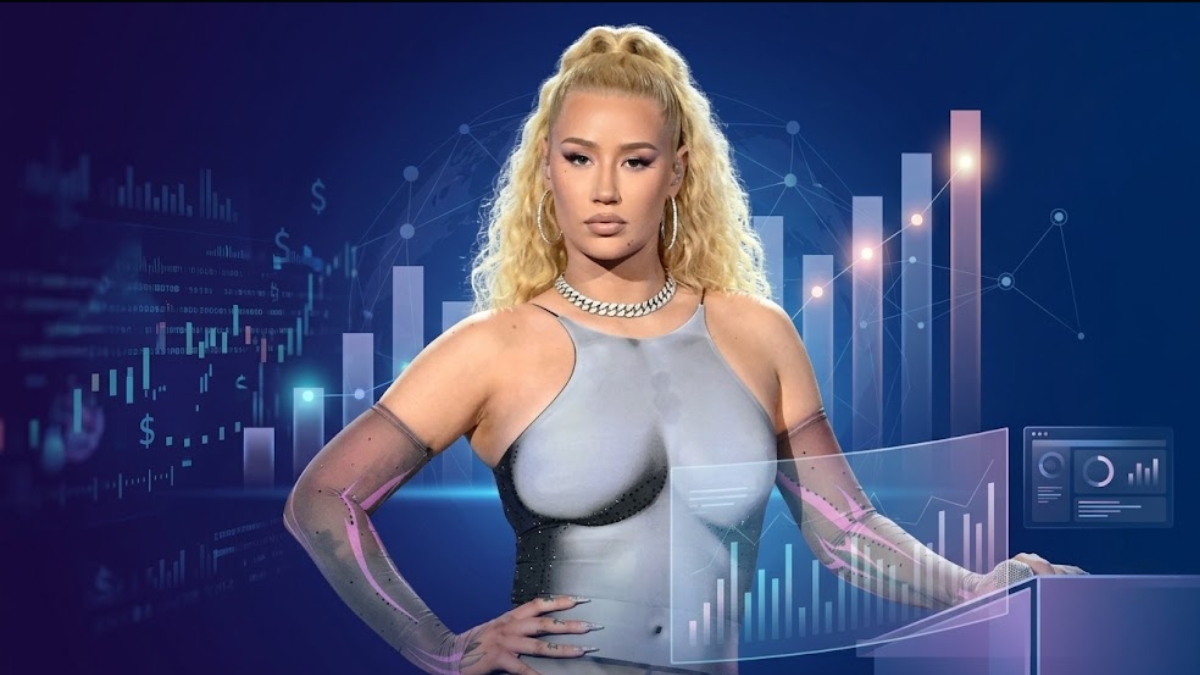 An official graphic banner promoting OnlyFans Statistics, featuring a central portrait of Australian rapper Iggy Azalea looking directly at the camera. She is styled with a high blonde ponytail, silver chain necklace, and a grey bodycon dress. The background displays a high-tech dark blue interface overlaid with glowing light blue bar graphs, upward-trending financial charts, and digital metric dashboards.