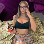 Graphic representation of OnlyFans Top Earners featuring a female model with glasses and a plaid skirt holding books, superimposed over a massive pile of one-hundred-dollar bills with a purple-tinted background.
