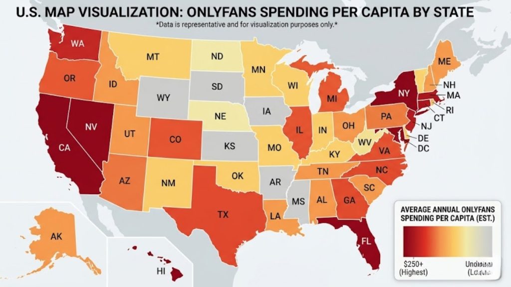 A color-coded U.S. map detailing OnlyFans Statistics for estimated annual fan spending per capita across individual states. The heat map uses a gradient scale ranging from deep red for the highest spending areas ($250+) down to light yellow and grey for lower levels, visibly highlighting states like California, Nevada, Texas, Florida, and New York as the primary centers for peak user spending.